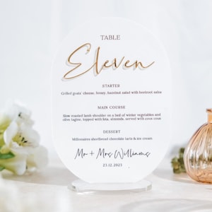 Combined Wedding Menu & Table Number, White Acrylic With Gold Mirror Accents, Personalised Wedding Décor, Pill Shape Centrepiece, Banqueting