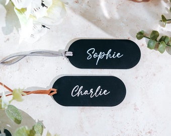 Black & White Acrylic Wedding Place Card With Leather Cord, Luxury Place Names, Personalised Name Setting, Event Décor, Party Place Names