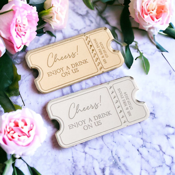 Cheers Wedding Favours, Personalised Drinks Token, Tickets, Free Drink Tokens For Guests, Bespoke Favour Ideas, Mirror Engraved Table Décor