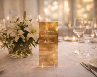 Menu de mariage personnalisé acrylique, miroir doré (taille DL debout)