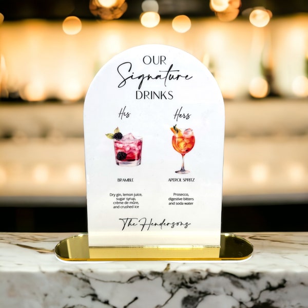 Wedding Cocktail Menu, Dome Personalised Drinks Sign, Luxury Wedding Décor, Bar Menu, Signature Cocktails Plaque, Arch Top Wedding Signs