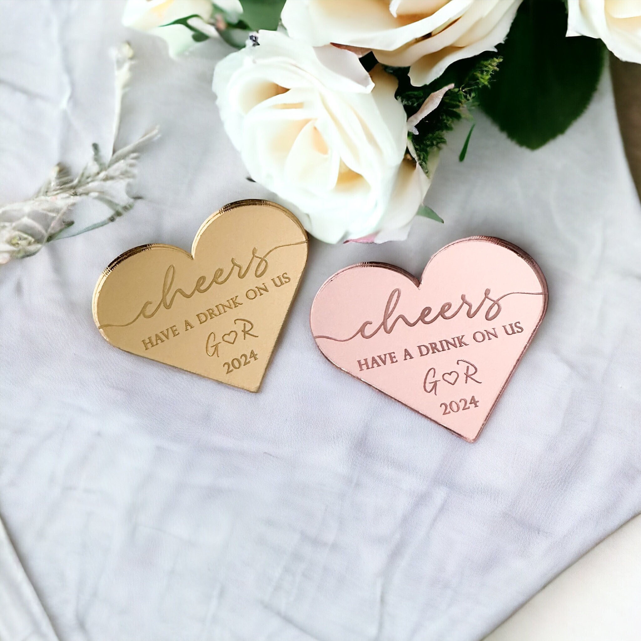 Luxury Wedding Favours, Personalised Drinks Token, Bespoke Heart Favour, Free Drink Tokens For Guests, Favour Ideas, Engraved Table Décor