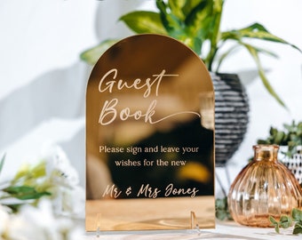 Guest Book Personalised Wedding Sign, Gold Mirror Acrylic Wedding Décor, Engraved Guestbook Plaque, Dome Top Luxury Wedding Table Signs