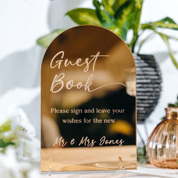 Guest Book Personalised Wedding Sign, Gold Mirror Acrylic Wedding Décor, Engraved Guestbook Plaque, Dome Top Luxury Wedding Table Signs