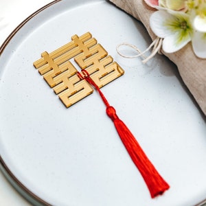 Chinese Double Happiness Luxury Wedding Favours, Chinese Marriage Symbol, Ornate Table Décor, Laser Cut Gold, Red Mirror Guest Keepsakes