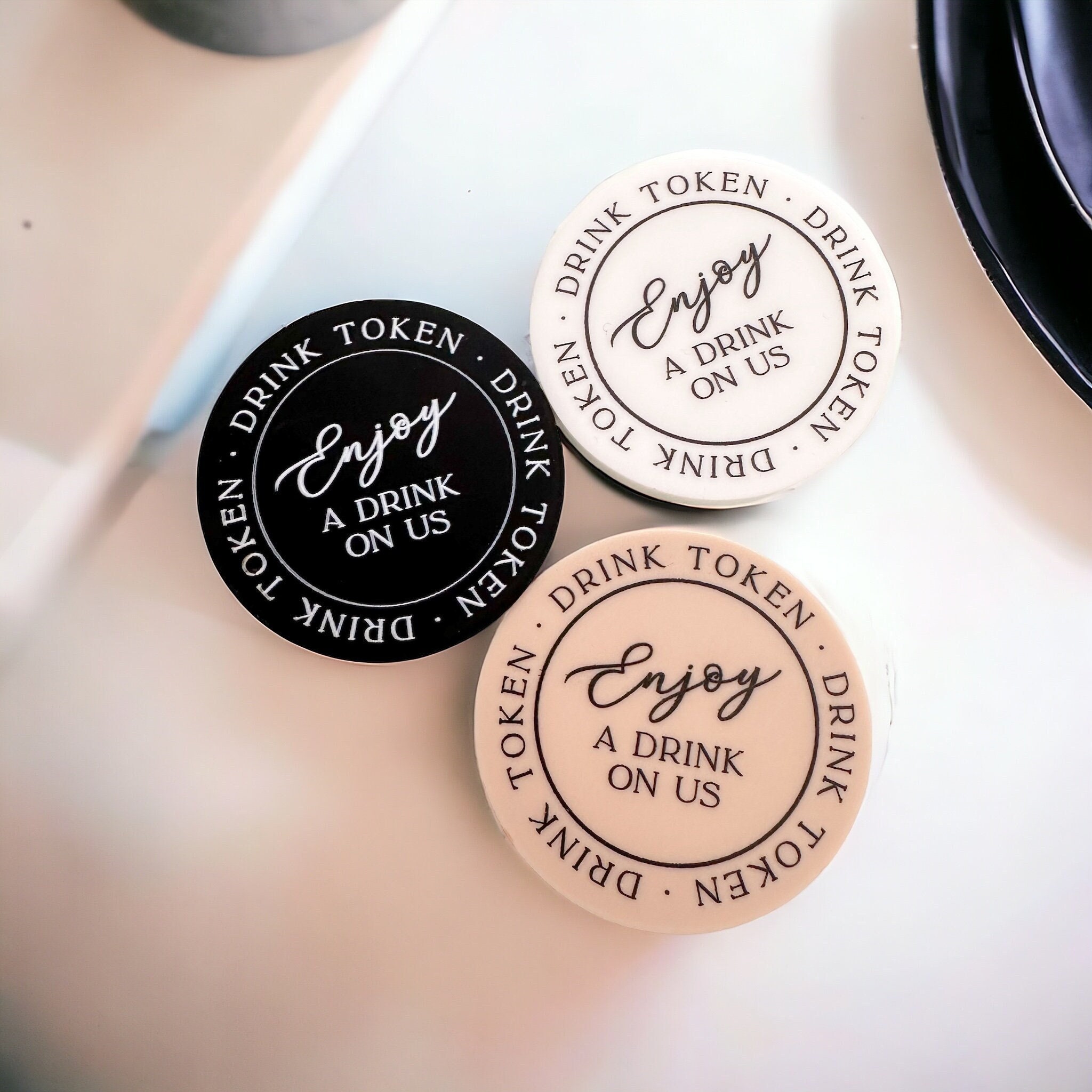 Wedding Favours, Free Drink Tokens For Guests, Drinks Token, Bespoke Favour, Favour Ideas, Beige, Black & White, Monochrome Table Décor