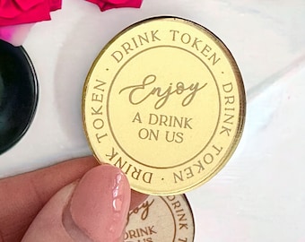 Engraved Wedding Favours, Gold Mirror Drinks Token, Bespoke Favours, Wood Engraved Free Drink Tokens, Favour Ideas, Luxury Table Décor