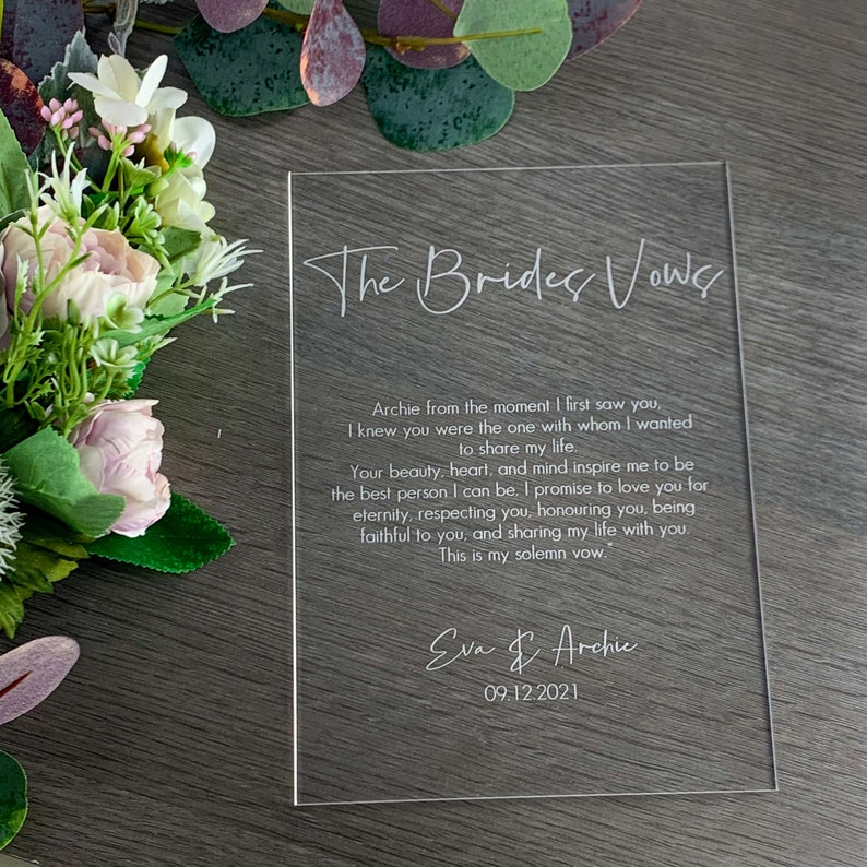 Wedding Vows Personalised Sign, Bride, Groom Vows, Acrylic Engraved His, Her, Our Vows A3, A4, A5 Wedding Keepsake, Mementos, Couples Vows image 1