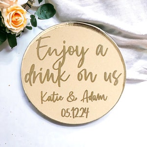 Regalos de boda personalizados, fichas para bebidas con espejo dorado, regalos a medida, fichas para bebidas gratis grabadas, ideas para regalos, decoración de mesa de lujo