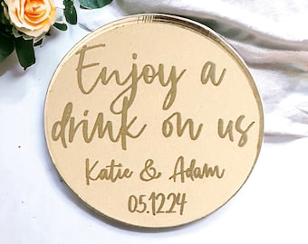 Personalised Wedding Favours, Gold Mirror Drinks Token, Bespoke Favours, Engraved Free Drink Tokens, Favour Ideas, Luxury Table Décor