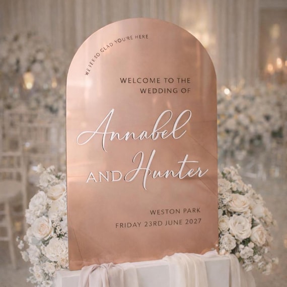 Personalised Dome Mirror Wedding Sign, Rose Gold (3D Bride & Groom Names)
