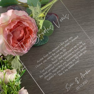 Wedding Vows Personalised Sign, Bride, Groom Vows, Acrylic Engraved His, Her, Our Vows A3, A4, A5 Wedding Keepsake, Mementos, Couples Vows image 5