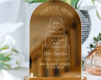 Wedding Cheese Menu Sign - Personalised Gold Mirror with Stand