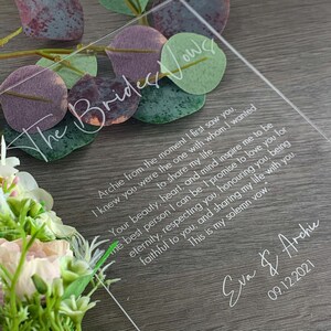 Wedding Vows Personalised Sign, Bride, Groom Vows, Acrylic Engraved His, Her, Our Vows A3, A4, A5 Wedding Keepsake, Mementos, Couples Vows image 2