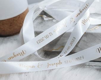 Wedding Ribbon, Satin Personalised (15mm, Metallic Gold or Silver Print)