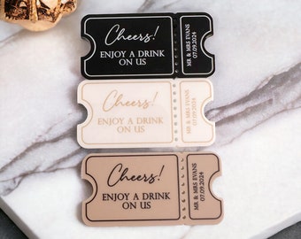 Cheers Wedding Favours, Personalised Drinks Token, Bespoke Favour, Free Drink Tokens For Guests, Favour Ideas, Black & White Table Décor