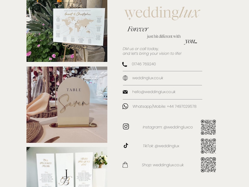 The image is a collage of wedding-related images, including a seating chart, a table setting, and various social media icons. contact us page with QR codes and landline 01746 769240