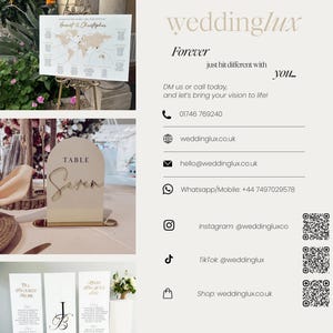 The image is a collage of wedding-related images, including a seating chart, a table setting, and various social media icons. contact us page with QR codes and landline 01746 769240