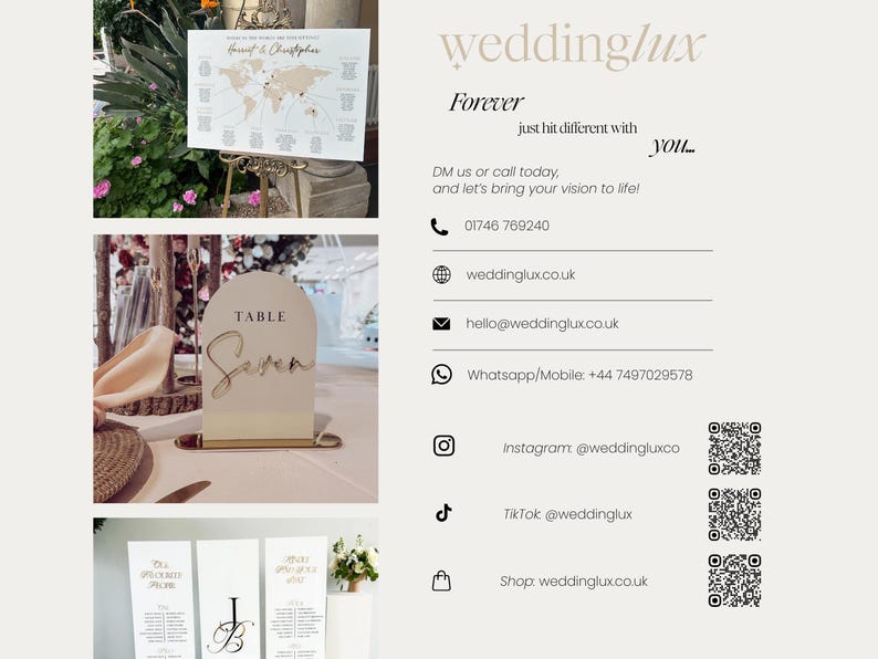The image is a collage of wedding-related images, including a seating chart, a table setting, and various social media icons. contact us page with QR codes and landline 01746 769240