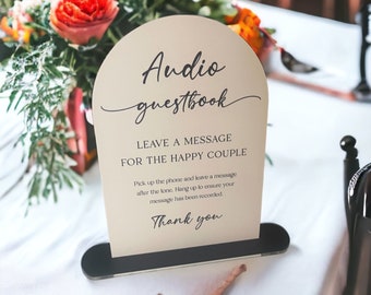 Audio Wedding Guest Book Sign, Dome Top Modern Audio Wedding Guestbook With Stand, Custom Acrylic, Luxury Wedding Décor, Beige & Black Sign