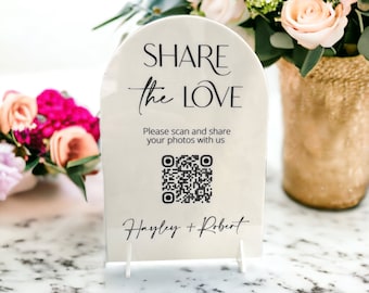 Signo de boda para compartir fotos QR, placa de boda personalizada para compartir el amor, decoración de boda moderna, carteles de recepción, intercambio de fotos de invitados