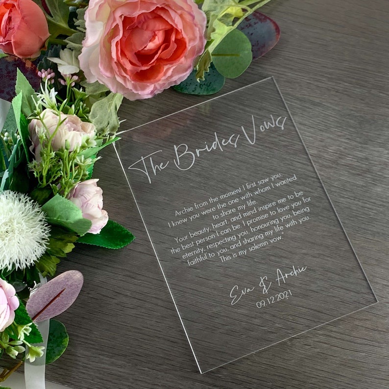 Wedding Vows Personalised Sign, Bride, Groom Vows, Acrylic Engraved His, Her, Our Vows A3, A4, A5 Wedding Keepsake, Mementos, Couples Vows image 3