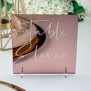 Rose Gold Mirror Wedding Décor, Engraved Table Numbers, Silver, Gold Mirror Table Names, Banqueting Elegant Event Décor, Party Tables
