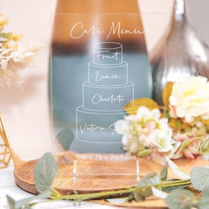 Personalisierte Hochzeitstorte Menü, Aromen Schild, gravierte Illustration, A3, A4, A5, klare benutzerdefinierte Acryl Menüs, Luxus Dessert Schild