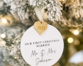 Personalised Newly Weds Bauble, Mirror Heart Keepsake (8cm Acrylic)