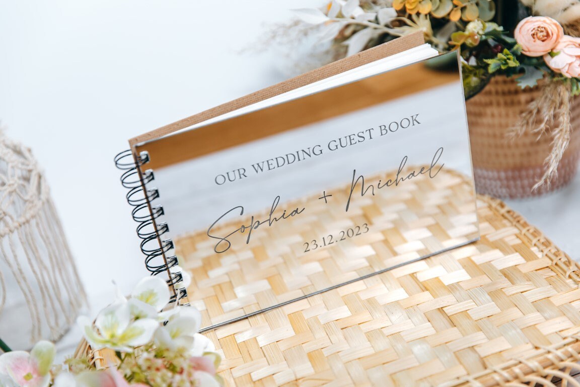 Silver Mirror Luxury Wedding Guest Book, Personalised Spiral Bound Wedding Guestbook, Gold, Rose Gold Engraved Wedding Stationary