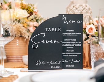 Combined Wedding Table Number & Menu, Black And White Wedding Décor, Personalised Monochrome Table Centrepiece, Minimalist Event Menus