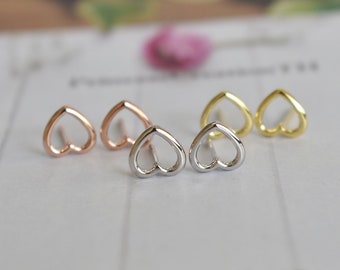 Silver Heart Outline Stud Earring - 8mm Heart Earring 925 Silver 14k Gold Plated- Earring For Her - Everyday Earring Minimalist Stud PCS40