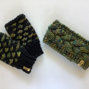 May include: A pair of black fingerless gloves with a green floral pattern and a green and blue cable knit headband. Both items are made of thick, textured yarn and have small gold tags.