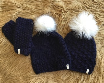 PENN STATE - Get your Happy Valley on!   One Hand knit navy hat with a fab white faux fur pom pom - matching mitts too!