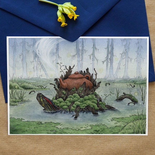 Carte postale - Impression d'art - Peinture de tortue - Art fantaisiste - Peinture fantastique - Cottagecore - Impressions A6 - Impressions d'animaux des bois - Art mural