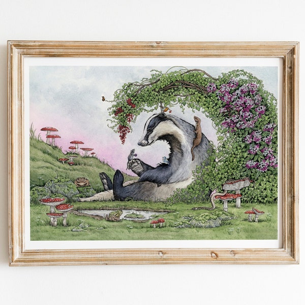 Art Print - Badger Watercolor Painting - Whimsical Art - Cottagecore - 8.3 x 11.7 inch (A4) Prints - Woodland Animal Prints - Wall Art