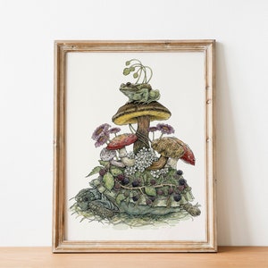 Art Print - Turtle, Frog Watercolor Painting -  Mushrooms Painting - Whimsical Art - Cottagecore - 8.3 x 11.7 inch (A4) Prints