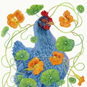 Original Art - Chicken Painting - Watercolor Painting - Whimsical Art - Cottagecore Painting - Nasturtium Art - Wall Art