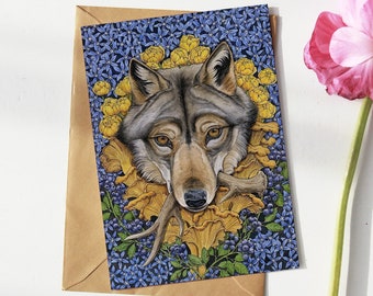 Carte postale - Impression d'art - Peinture de loup - Art fantaisiste - Peinture fantastique - Forestcore - Impressions A6 - Impressions d'animaux des bois - Art mural