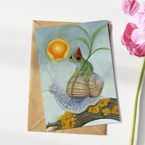 Postcard - Art Print - Frog and Snail Painting - Whimsical Art - Fantasy Painting - Cottagecore - A6 Prints - Animals Prints - Wall Art