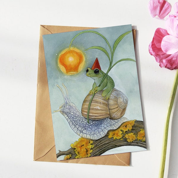 Carte postale - Tirage d’art - Peinture de grenouille et d’escargot - Art fantaisiste - Peinture fantastique - Cottagecore - Tirages A6 - Tirages d’animaux - Art mural