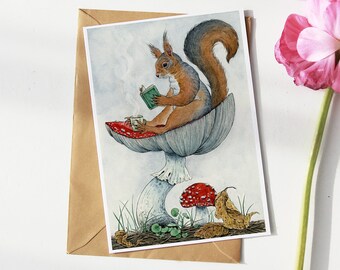 Postcard - Art Print - Squirrel Painting - Whimsical Art - Fantasy Painting - Cottagecore - A6 Prints - Woodland Animal Prints - Wall Art