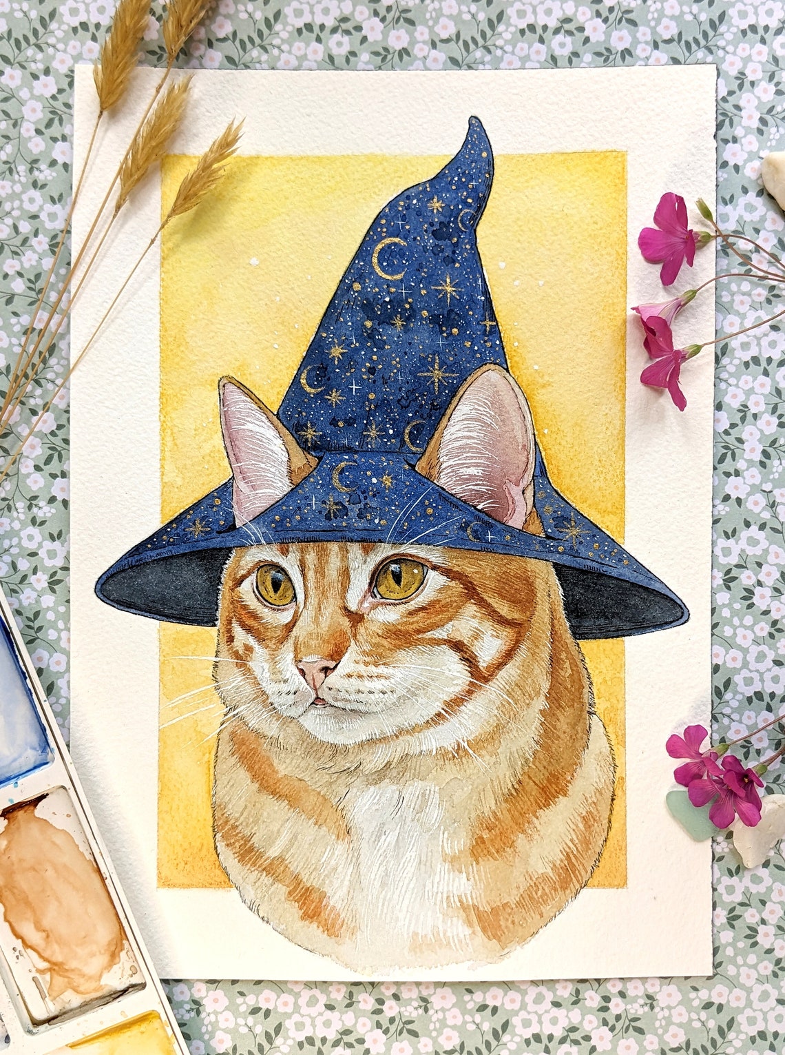 Portrait de chat peint à la main personnalisé Peinture à laquarelle fantastique pour animaux de compagnie à partir dune photo Art de chat sorcière fantaisiste image 2