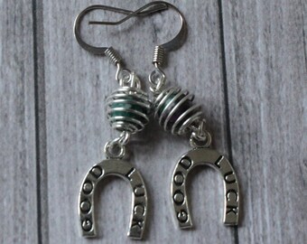 Good Luck Horseshoe and Bead in a Cage Earrings! Free Shipping!