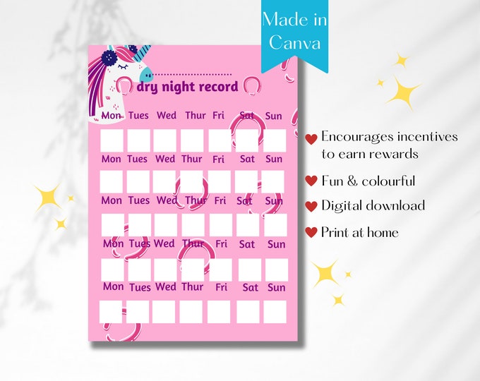 Boys Dry Night Chart, Wet the Bed, Childrens Reward Chart, Sticker ...
