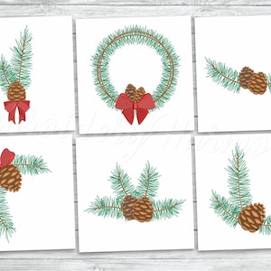 Puede incluir: Seis diseños de bordado digital que presentan ramas de pino y piñas con un lazo rojo. Los diseños son perfectos para crear artesanías navideñas festivas.