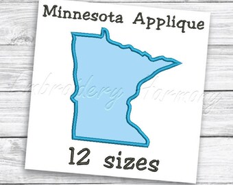 May include: An outline of the state of Minnesota in blue on a white background. The text "Minnesota Applique" and "12 sizes" is below the outline.
