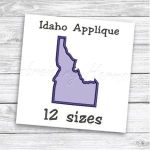 May include: Idaho applique embroidery design in 12 sizes. The design is a purple outline of the state of Idaho.