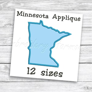 May include: An outline of the state of Minnesota in blue on a white background. The text "Minnesota Applique" and "12 sizes" is below the outline.