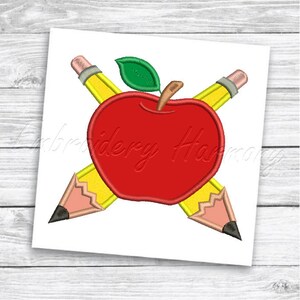 Apple and pencils Applique design - 4 SIZES machine embroidery file - INSTANT DOWNLOAD